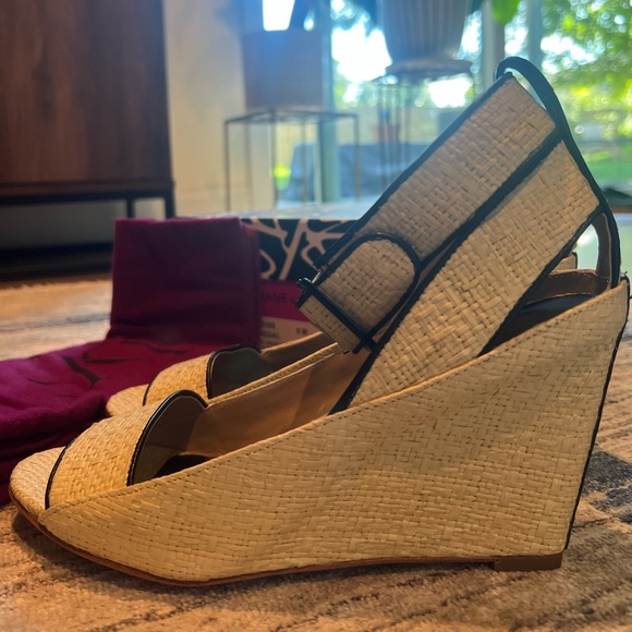 Diane Von Furstenberg Senegal Camel Raffia Black Nappa Wedges Sz. 8M - Picture 3 of 6